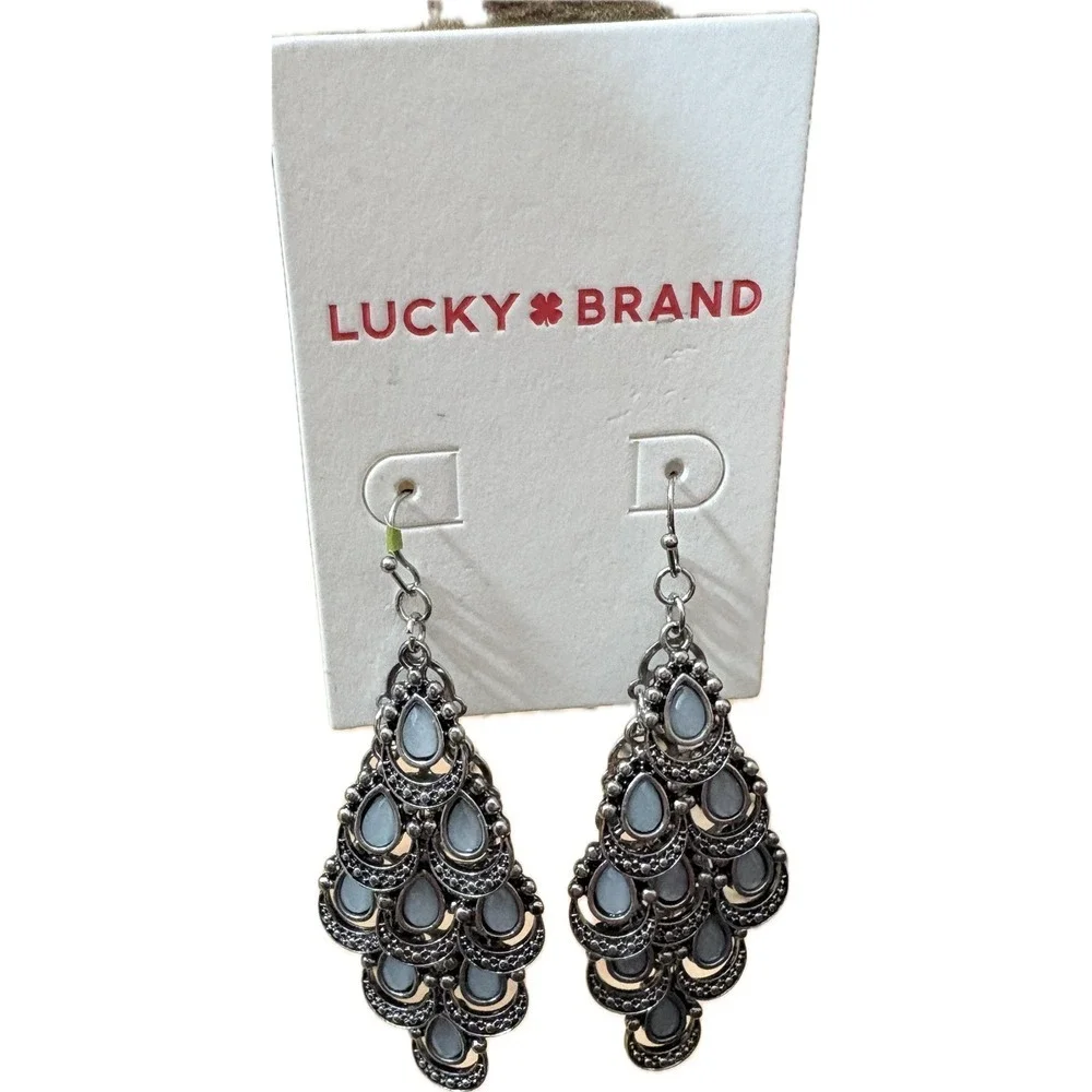 Lucky Brand Silver Tone Blue Teardrop Chandelier Dangle Earrings Boho Statement - Picture 2 of 4